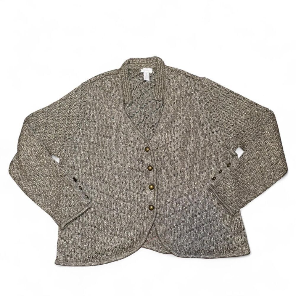 Chico’s Women’s Bronze Metallic Crochet Cardigan Blazer Sweater Size 3 (XL)